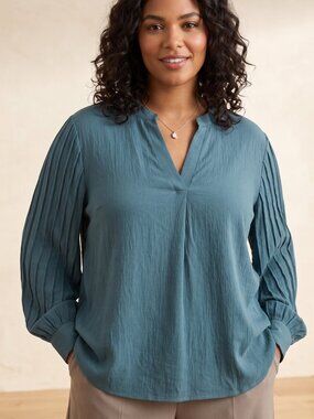 NWT Blooming Jelly Teal Blue Pleated Long Sleeve V-Neck Blouse Top XL